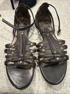 Tahari Dark Brown Strappy T‑Bar Sandals with Studs